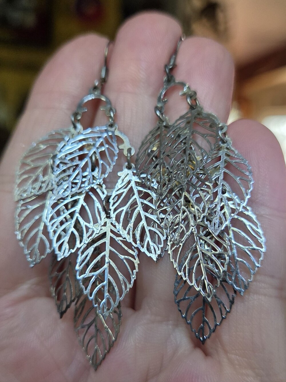Delicate Silver Leaf Dangle Earrings - Multi Leaf Cascade - Picture 2 of 6